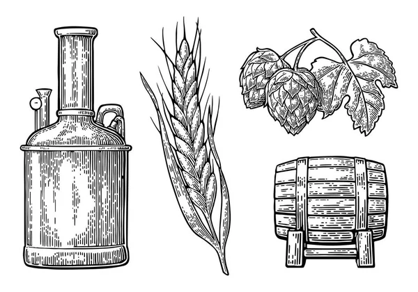 Fila de tanques, rama de lúpulo con hoja, oreja de cebada y barril de madera . — Vector de stock