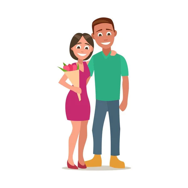 Couple with bouquet of flowers. Color flat vector illustration isolated — Stock Vector