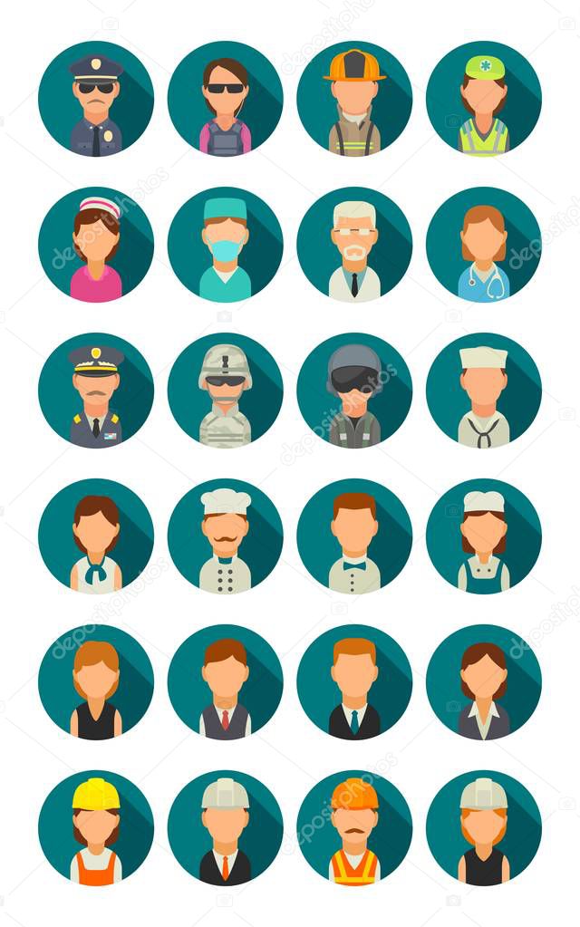 Set icon character cook, builder, business and medical people.