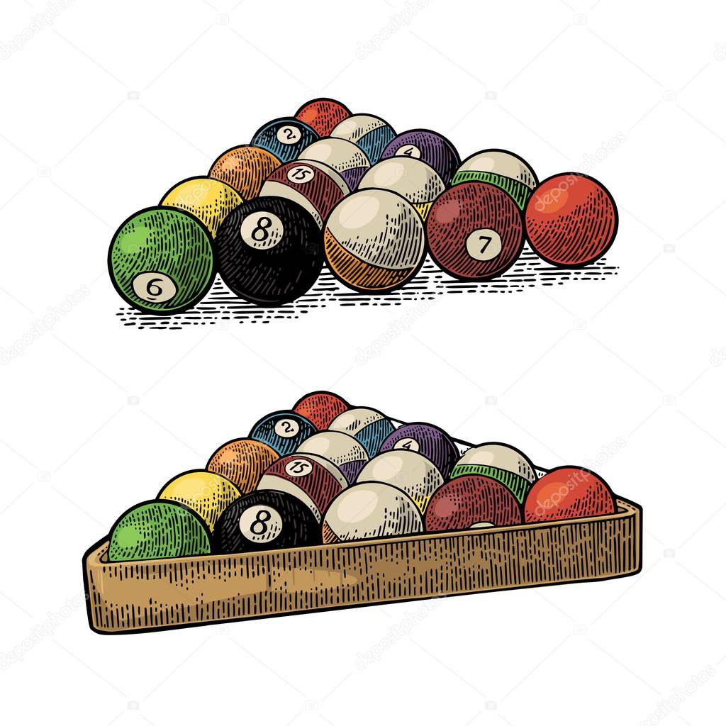 Billiard balls with number in triangle with shadow. Vintage engraving