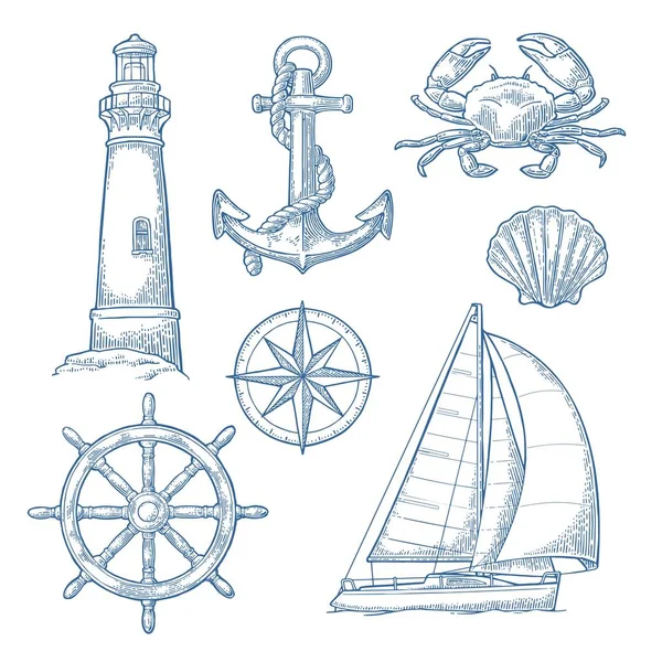 Anker, wiel, zeilschip, kompas rose, schelp, krab, vuurtoren gravure — Stockvector