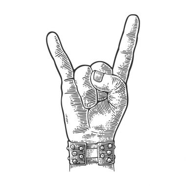 Rock and Roll el işareti. Vektör siyah vintage oyulmuş çizim.