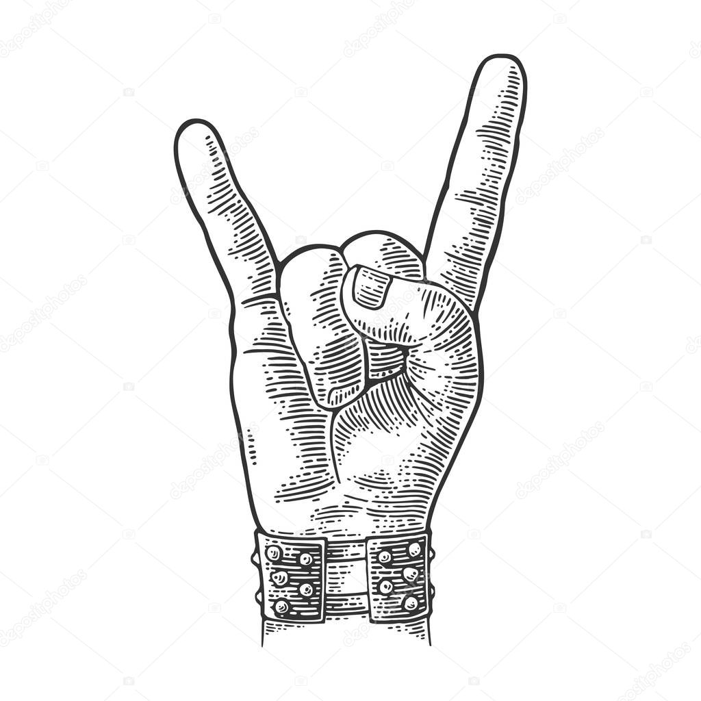 Rock and Roll hand sign. Vector black vintage engraved illustration.