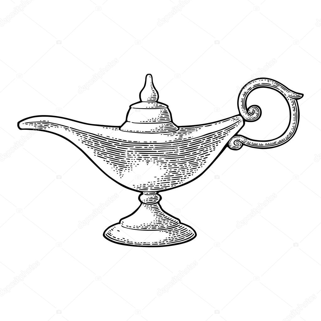 Aladdin magic metal lamp. Vector black vintage engraving
