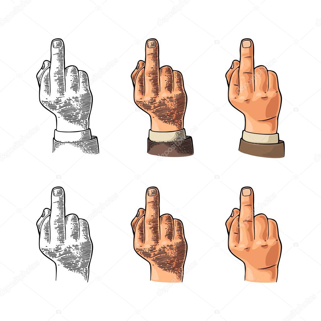 Middle finger sign by male hand. Fuck you.