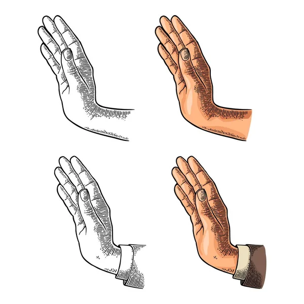 Женская рука показывает стоп-жест. Векторная цветовая гравировка — стоковый вектор