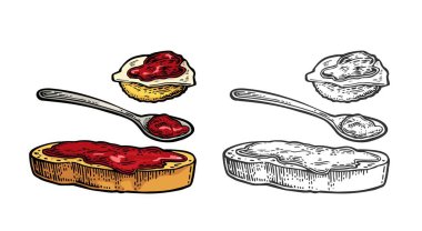 Kaşık ve reçelli ekmek dilimi. Vektör vintage oyma