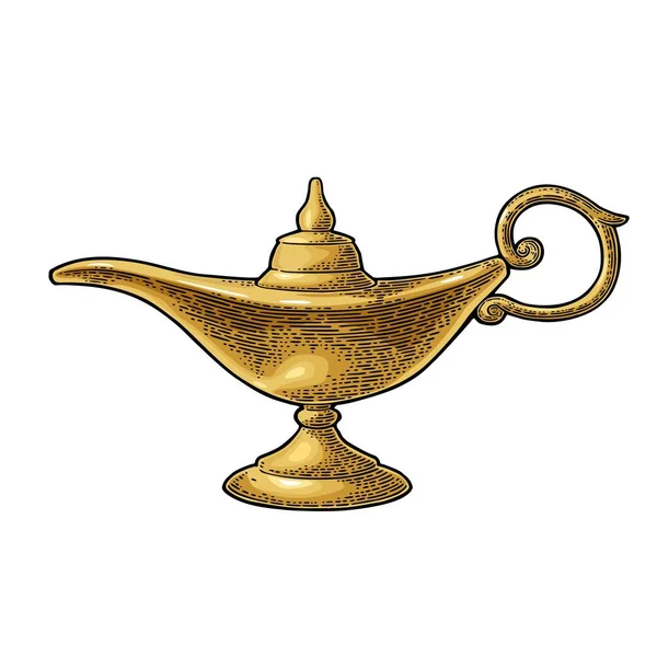 Aladdin magiska metall lampa. Vector svart vintage gravyr — Stock vektor