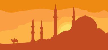 Panorama Minare ve deve ile günbatımı gökyüzü. Vektör düz çizim
