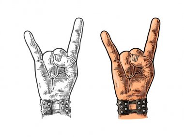 Rock and Roll işareti. Vektör siyah vintage oyulmuş çizim.