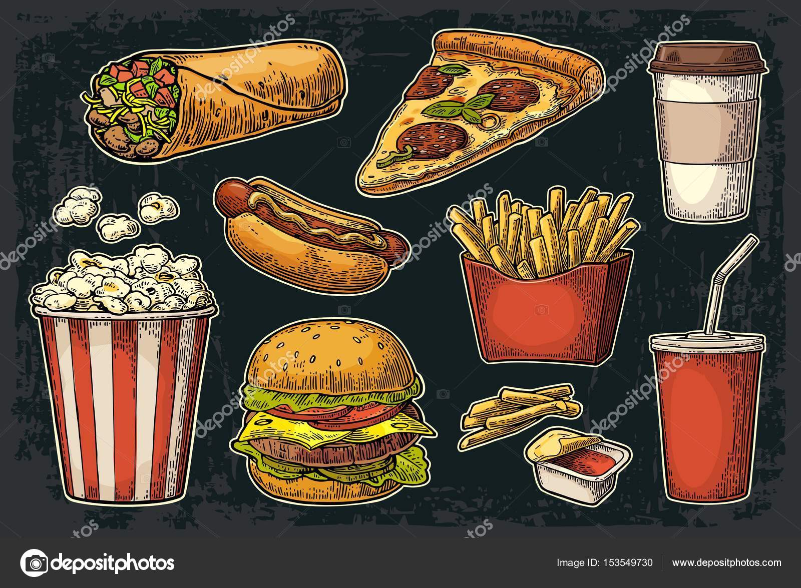 Set lokanta. Su bardağı kola, kahve, hamburger, pizza, hotdog, fry