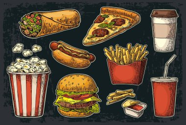 Set lokanta. Su bardağı kola, kahve, hamburger, pizza, hotdog, fry patates Anmalık kutular, karton kova tam patlamış mısır ve ketçap.