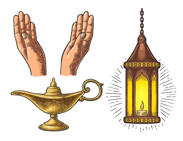 Gebetshände, arabische Lampe mit Kette und Aladdin-Lampe — Stockvektor