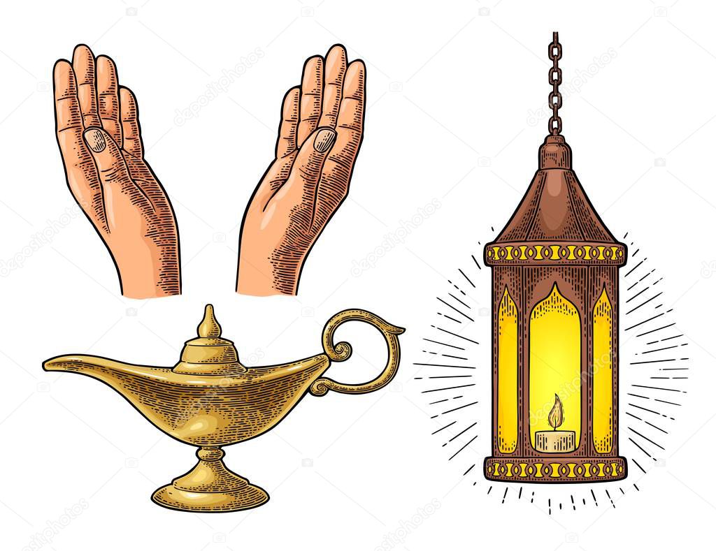 Praying Hands, arabic lamp with chain and Aladdin lamp