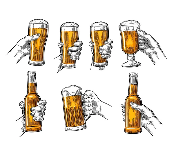 Man and woman hands holding, clinking with beer glass, bottle — Stock Vector