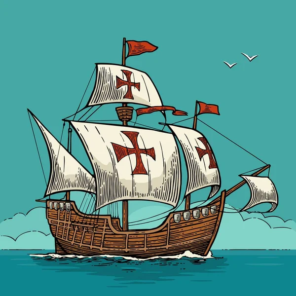 Zeilschip drijvend op de golven van de zee. Caravel Santa Maria. — Stockvector