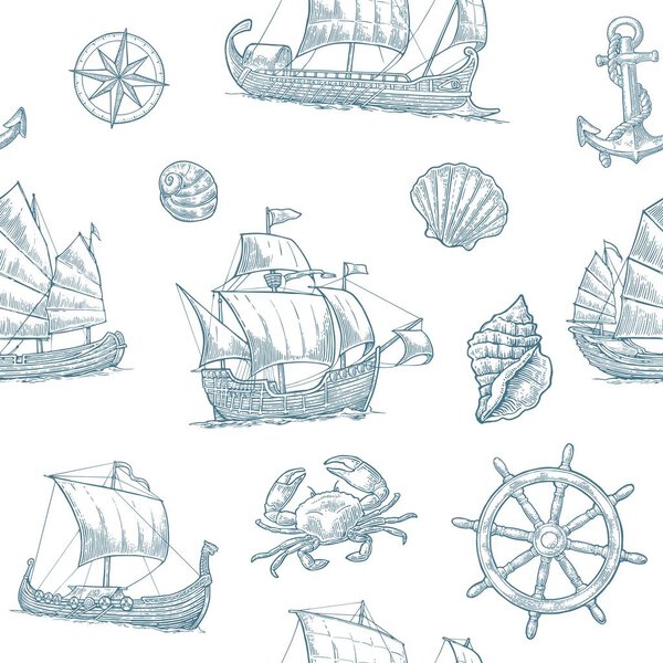 Trireme, caravel, drakkar, junk. Set sailing ships floating sea waves.