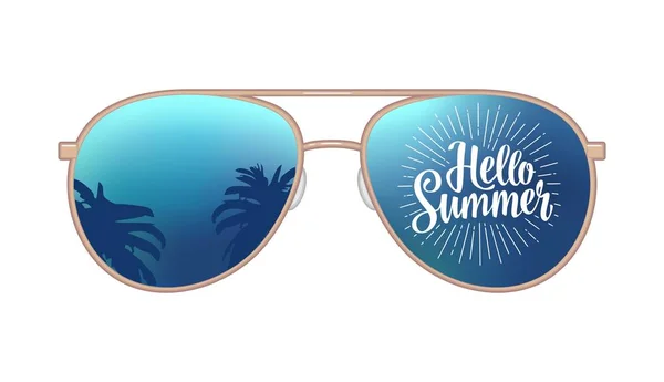 Óculos de sol modernos Aviator com reflexo de palmas e letras Hello Summer — Vetor de Stock