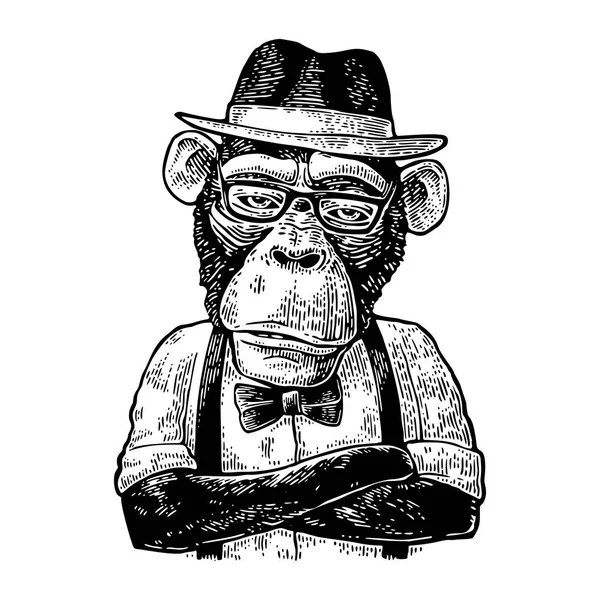 Monkey hipster with arms crossedin in hat, shirt, glasses and bow tie — Stock Vector