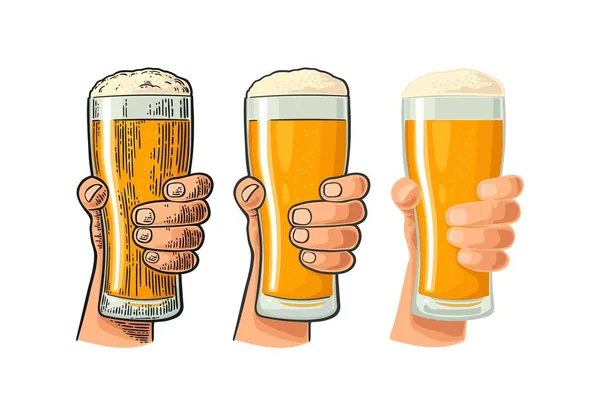 Uomo mano in mano e clicking bicchiere di birra. Diversi stili grafici — Vettoriale Stock