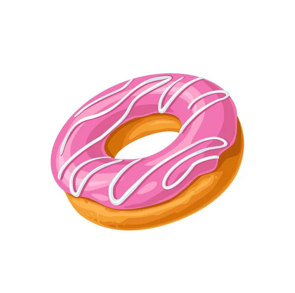 Donut con glaseado rosa y rayas blancas. Color vectorial plano — Vector de stock