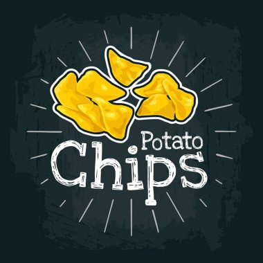 Patates cipsi. Gravür ışınları, yazı ile düz illüstrasyon vektör