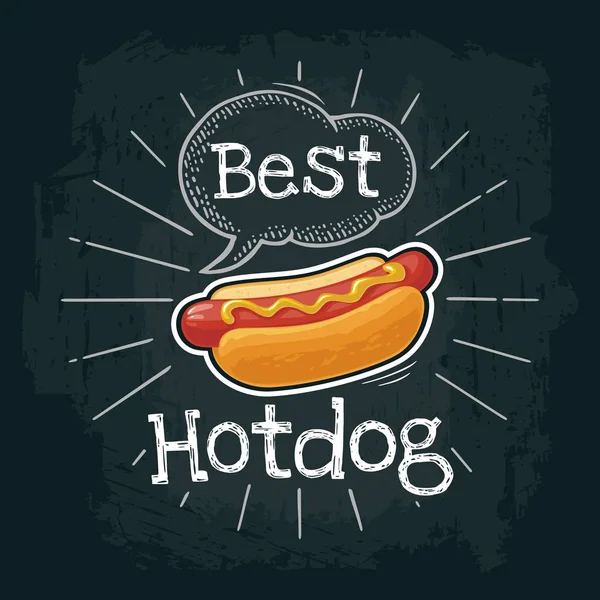 Hotdog med senap. Flat vektorillustration med gravyr strålar, bokstäver, bubbla — Stock vektor