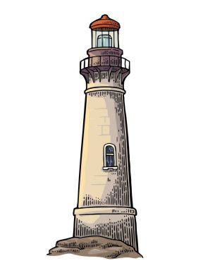 Beyaz arka plan üzerinde izole deniz feneri. Vektör vintage oyma çizim.