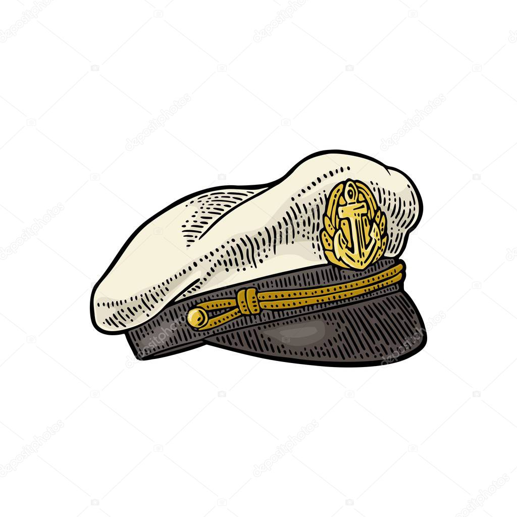 Captain hat on white background. Vector vintage engraving