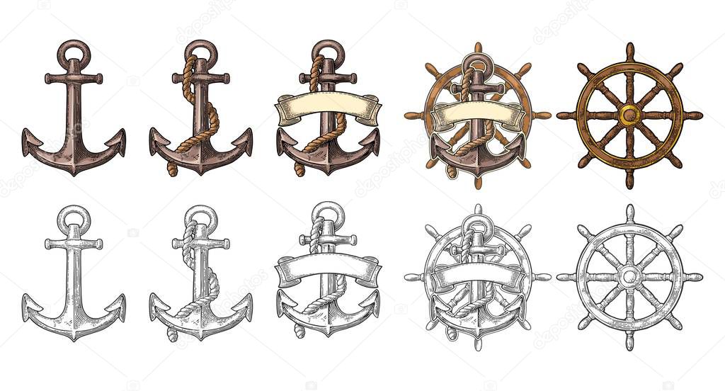 Anchor and wheel with ribbon isolated on beige background.