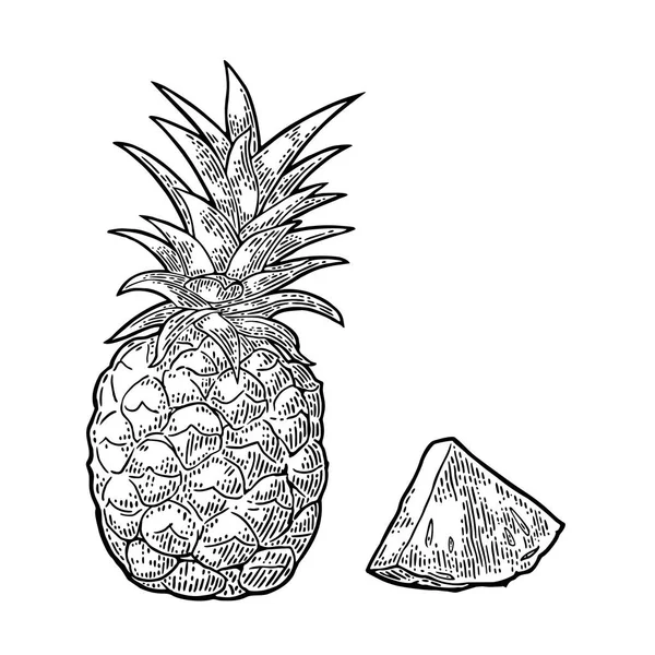 Geheel en plak ananas. Vector zwart vintage gravure — Stockvector