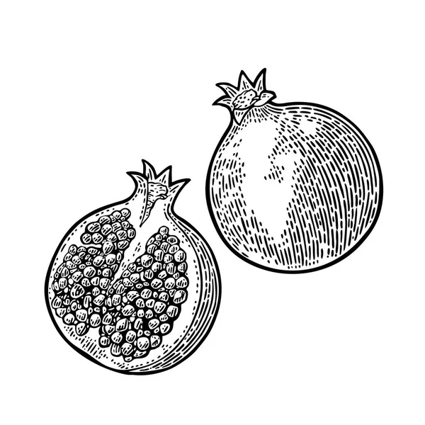 Fruta de la pasión entera y media con semilla. Grabado vectorial — Vector de stock