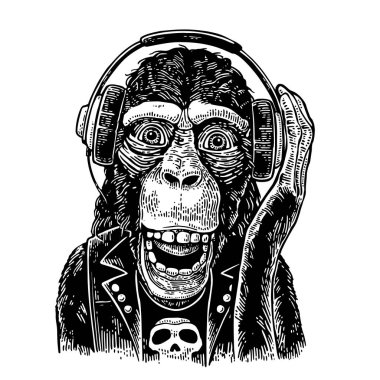 Kafatası ile maymun rocker kulaklık ve t-shirt. Vintage oyma