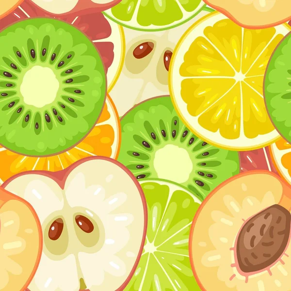 Frutas de patrón sin costura. Rebanada de manzana, kiwi, melocotón, lima, limón, naranja — Vector de stock