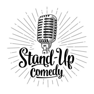 Mikrofon. Aydın metin Stand-Up komedi. Vintage vektör oyma çizim