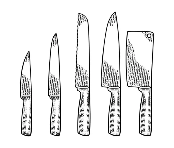 Conjunto de facas de cozinha. Vector gravura vintage preto —  Vetores de Stock
