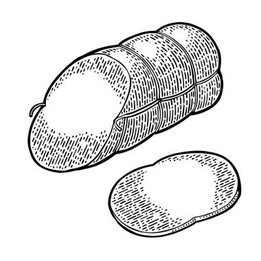 Bütün dilimleri haşlanmış sosis yap. Vintage vektör oyma çizim