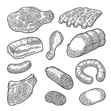 Et ürünleri ayarlayın. Vintage siyah vektör oyma çizim. Ben