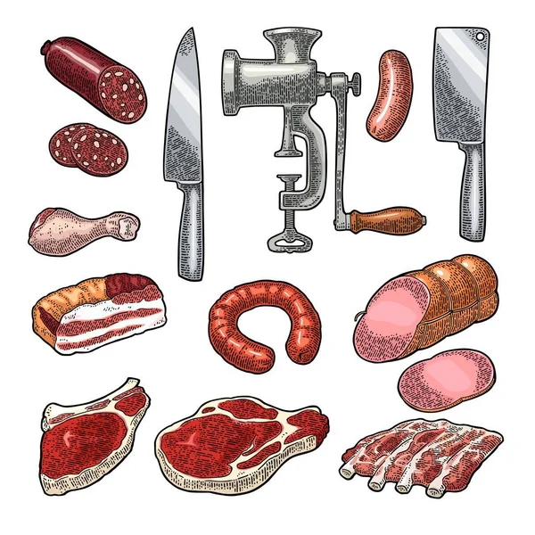 Набор мясных продуктов и кухонного оборудования. Винтажная чёрная векторная гравировка — стоковый вектор