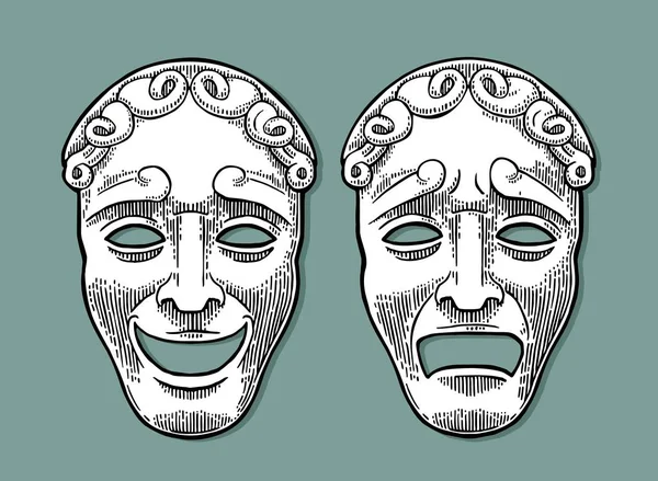 喜劇と悲劇の劇場マスク。ベクトル彫刻ヴィンテージ黒イラスト — ストックベクタ