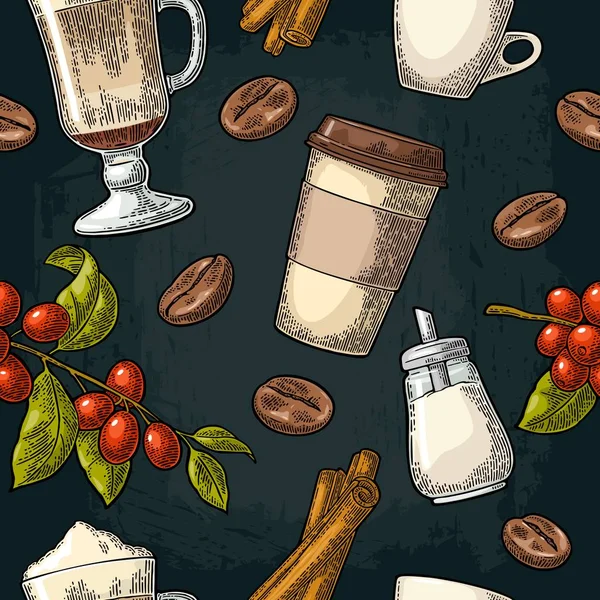 Patrón sin costura de latte de vidrio, azúcar, frijoles, rama con hoja y bayas . — Vector de stock