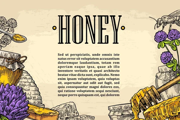 Modelo de publicidade com mel, favo de mel, jarra, colher, abelha . — Vetor de Stock