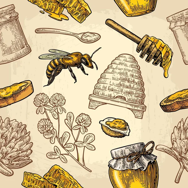 Seamless Pattern with honey, bee, hive, clover, spoon, cracker, honeycomb. — Stock Vector