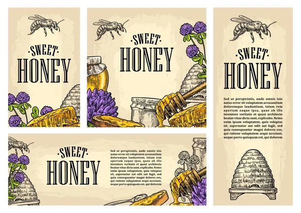 Set horizontal, vertical and square and posters with honey — Stock Vector