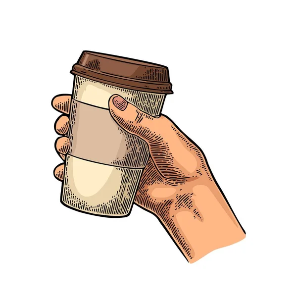 Mano sosteniendo una taza de café desechable con soporte de cartón y tapa. — Vector de stock