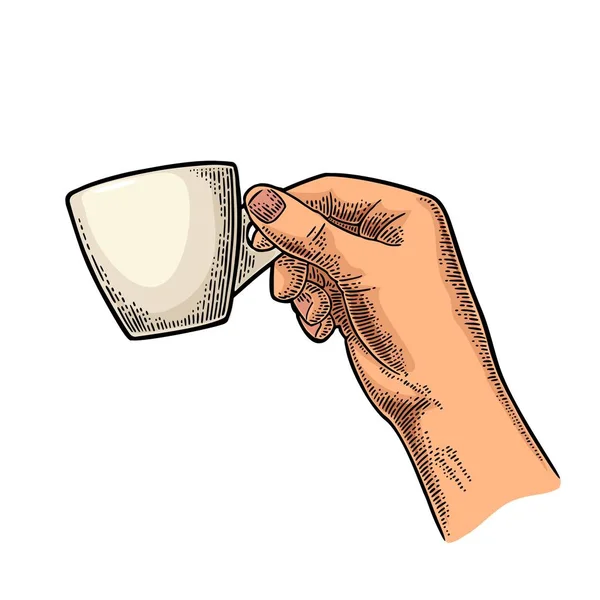 Handen håller en kopp kaffe. Vintage svart vektor gravering — Stock vektor