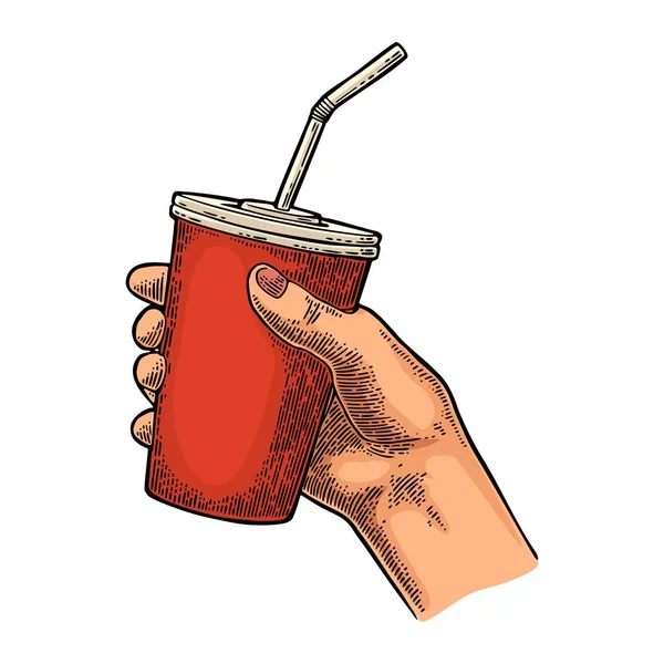 Vrouwelijke hand holding papier rode beker cola met rietjes, kap. — Stockvector