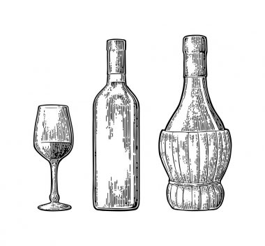 Şarap cam, klasik ve örgülü şişe. Vintage renk oyma vektör