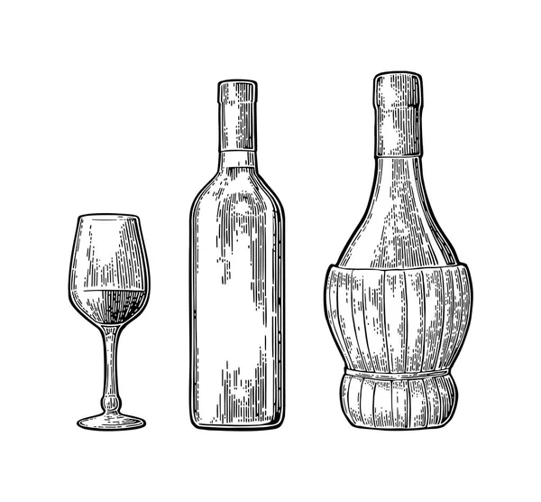 Wijnglas, klassieke en gevlochten fles. Vintage kleur gravure vector — Stockvector