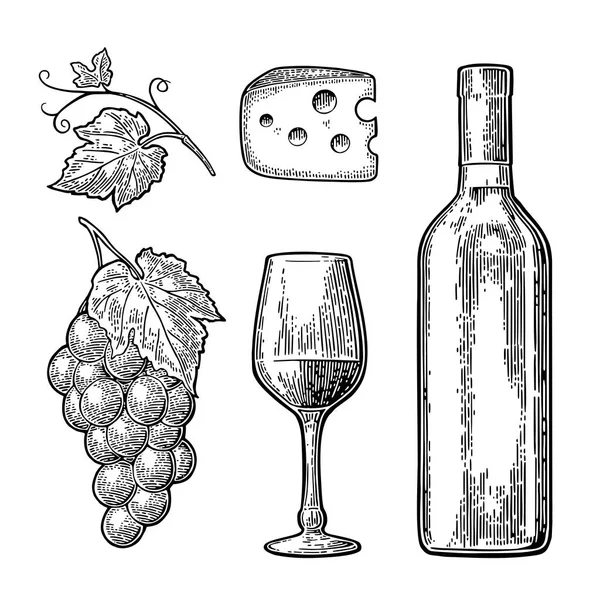 Set de vin. Bouteille, verre, fromage, bouquet de raisins — Image vectorielle